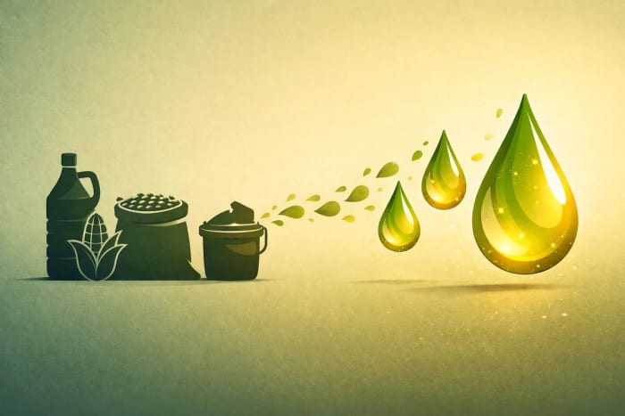 Siluetas de materias primas convirtiéndose en gotas de biocombustible sobre fondo verde y amarillo
