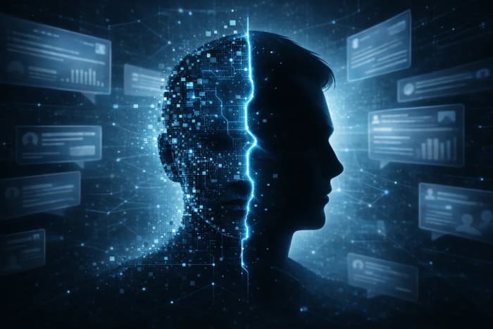 Silueta humana dividida entre rostro real y versión digital rodeada de datos y elementos tecnológicos
