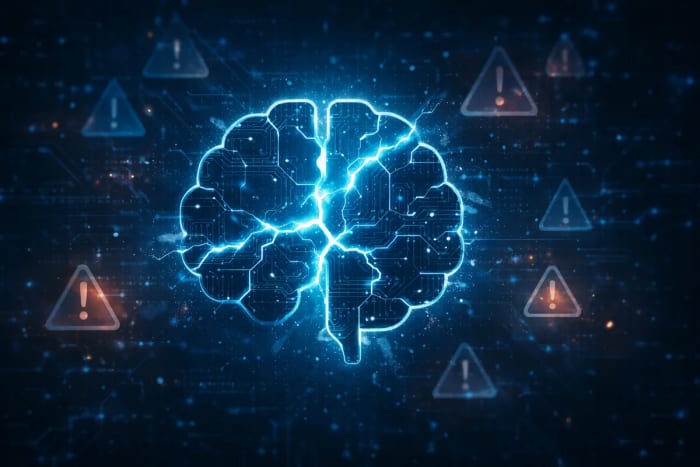 Cerebro digital luminoso con señales de alerta en un entorno tecnológico oscuro
