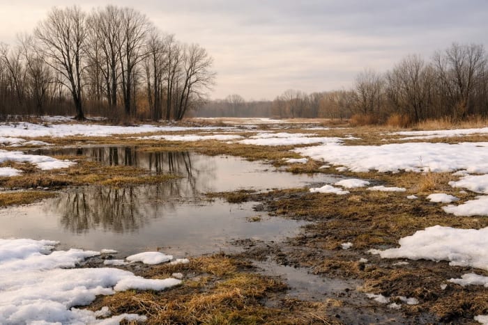 Paisaje invernal con nieve derretida, charcos y barro bajo un cielo gris, con árboles desnudos