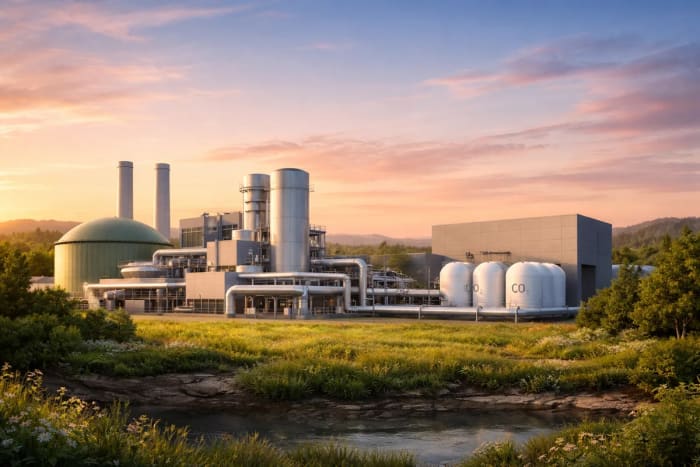 Planta moderna de bioenergía con tanques y tuberías integrada