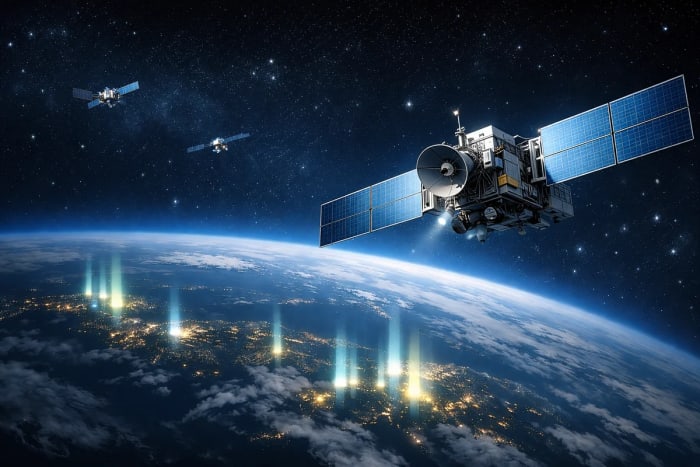 Satélites de observación terrestre orbitando la Tierra con detección de emisiones desde el espacio