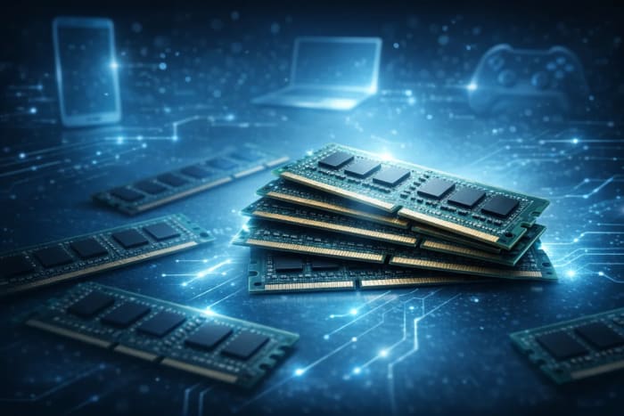 Módulos de memoria RAM iluminados sobre fondo azul tecnológico