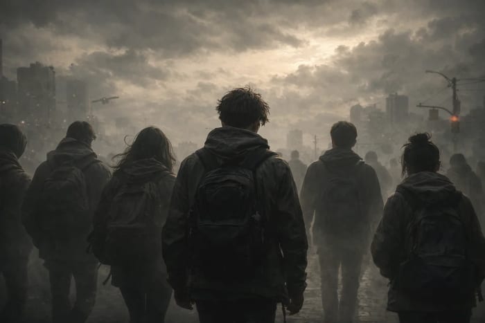 Grupo de jóvenes caminando por una ciudad gris bajo un cielo nublado