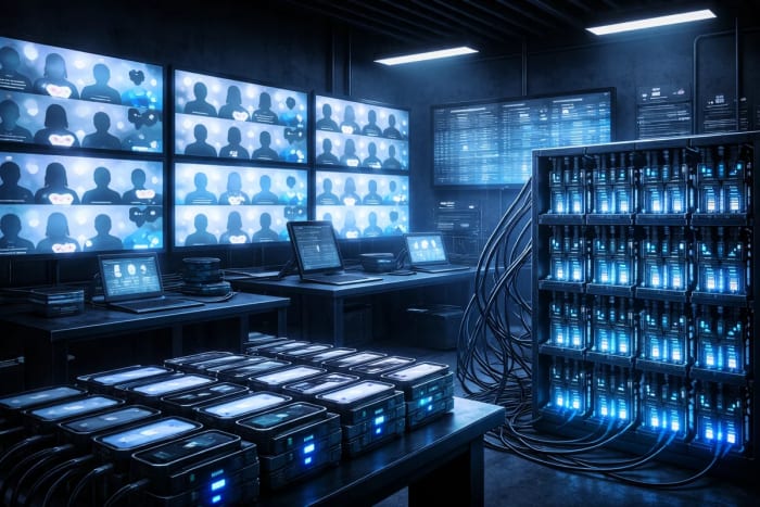 Sala oscura con pantallas y teléfonos conectados que representan una granja de bots y manipulación digital