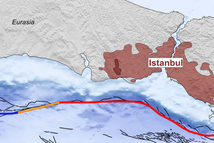 Mapa de la falla del mar de Mármara con la secuencia sísmica frente a Estambul