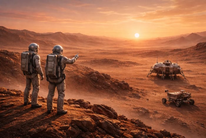 Astronautas humanos observan la superficie de Marte junto a un módulo y un rover científico
