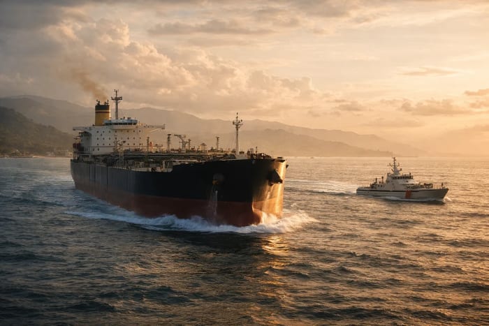 Petrolero navegando en aguas del Caribe con un barco de patrulla al fondo