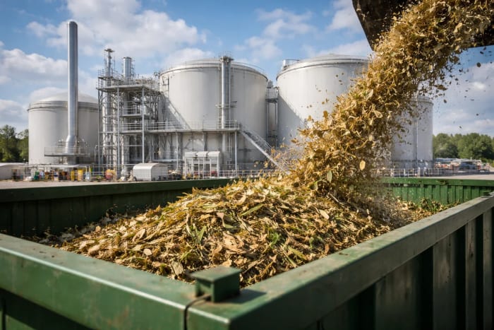 Planta moderna de bioenergía con biomasa vegetal triturada en primer plano