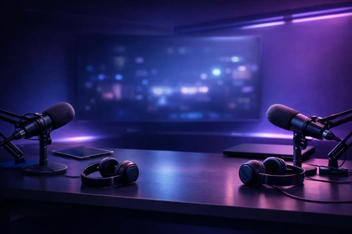 Ilustración de un estudio de podcast tecnológico con micrófonos