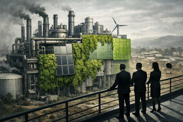 Planta industrial fósil con fachada verde simbólica y ejecutivos observando desde un balcón