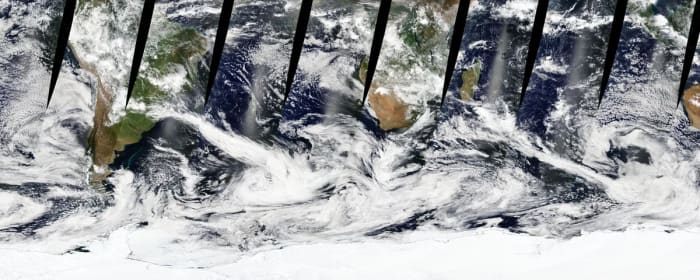 Imagen satelital visible de las tormentas sobre el Océano Austral en enero de 2019