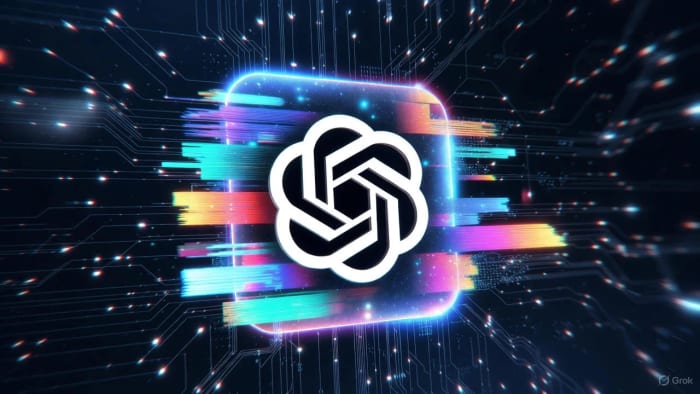 Logotipo de OpenAI con efectos de luz y colores sobre un fondo tecnológico