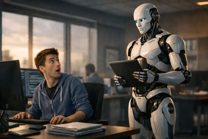 Programador joven siendo sustituido por un robot