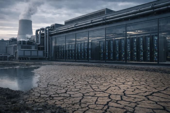 Centro de datos junto a suelo agrietado por sequía, símbolo del alto consumo de agua