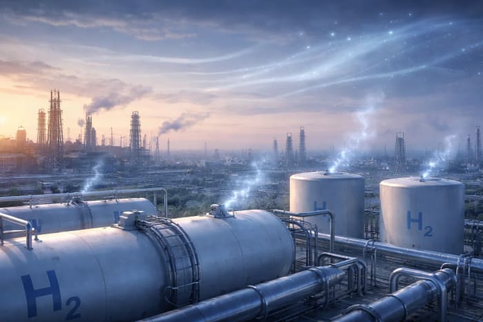 Instalación industrial de hidrógeno con fugas invisibles representadas como gas azulado en la atmósfera