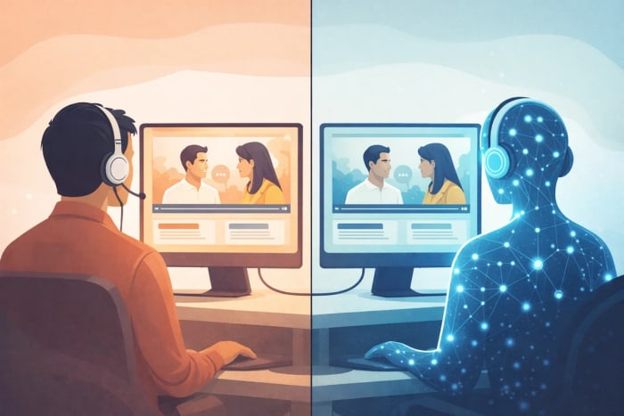 Traductor humano y sistema de IA trabajando sobre el mismo vídeo dividido en dos