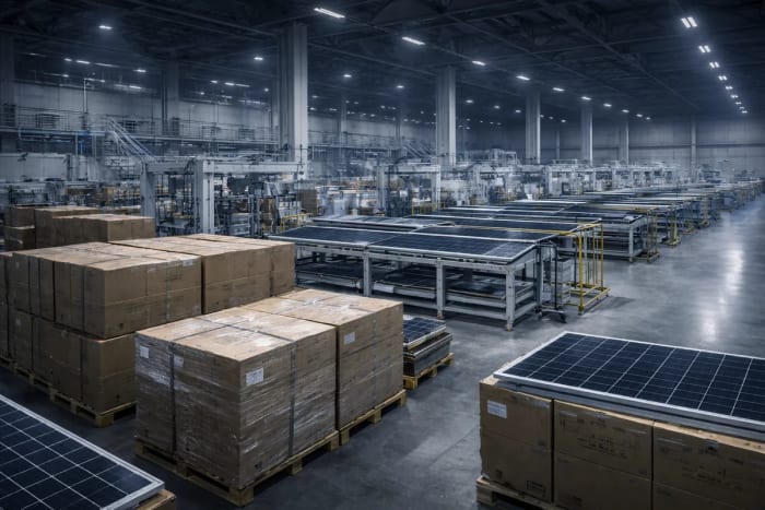 Fábrica industrial de paneles solares con líneas de producción y palés de módulos almacenados