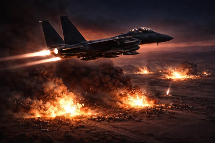 Avión militar en ataque nocturno sobre zona desértica con explosiones iluminando el terreno