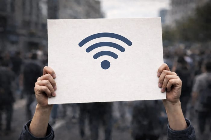 Wifi en un cartel sostenido durante protesta urbana