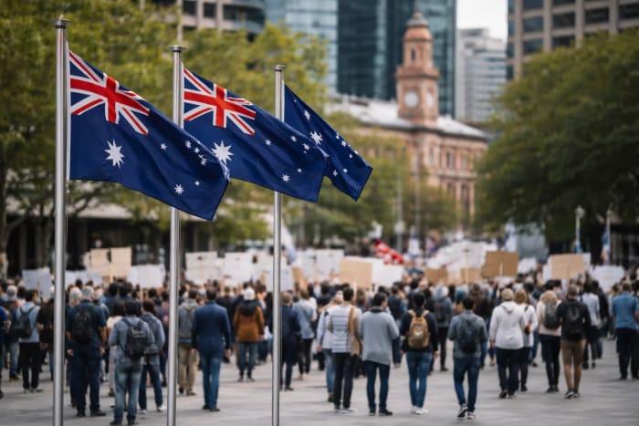 Plaza australiana con banderas y manifestantes