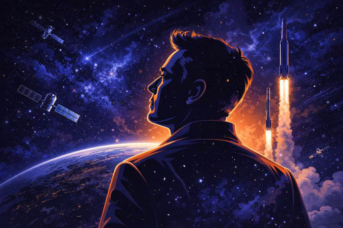 Silueta de Elon Musk estilizada mirando al espacio con satélites y cohetes en órbita
