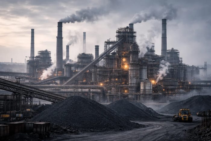 Complejo industrial con chimeneas y montículos de carbón al amanecer