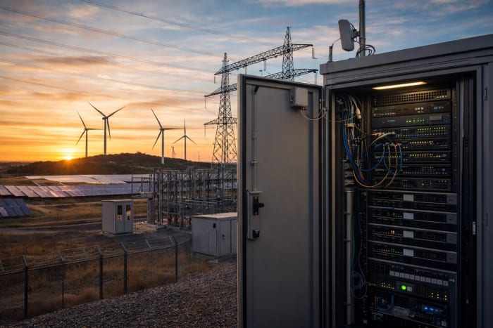 Infraestructura energética con servidores, subestación eléctrica, paneles solares y aerogeneradores al atardecer
