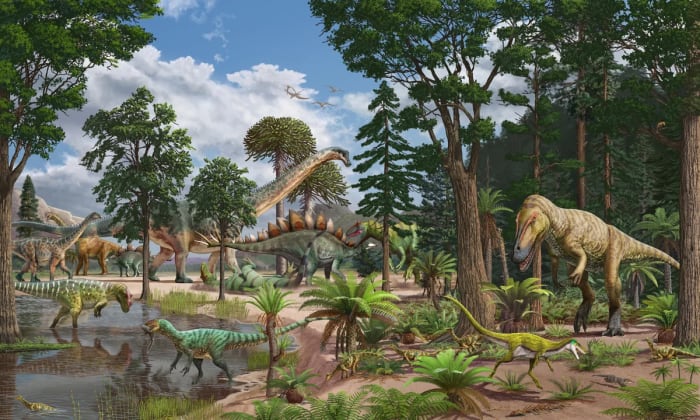 Reconstrucción artística de dinosaurios terópodos y saurópodos en un paisaje jurásico con coníferas y helechos