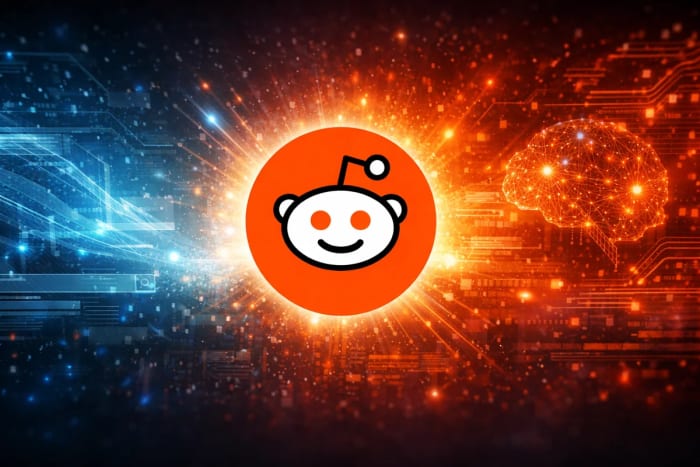 Logo de Reddit sobre fondo tecnológico con red neuronal de inteligencia artificial