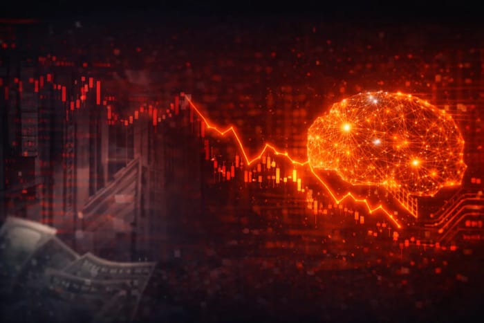 Wall Street con gráfico bursátil a la baja y cerebro digital de inteligencia artificial