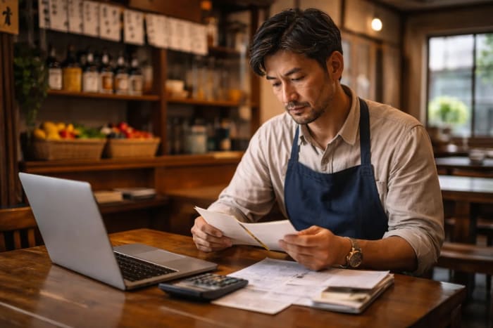 Comerciante japonés revisando cuentas en su local