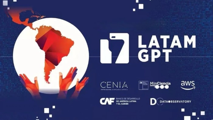 Imagen promocional de Latam-GPT con mapa de América Latina y logotipos de instituciones participantes