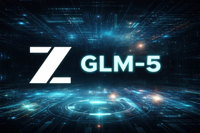 Logotipo blanco de Z.ai junto al texto GLM-5 sobre fondo digital oscuro