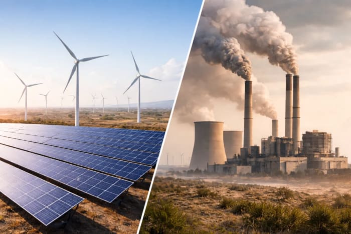 Paneles solares y aerogeneradores frente a central térmica con chimeneas humeantes