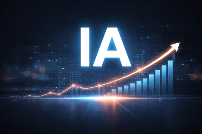 IA con gráfico financiero ascendente sobre fondo digital oscuro