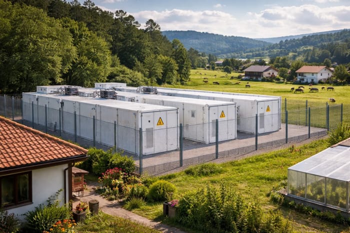 Parque de baterías de litio junto a viviendas rurales y prados verdes