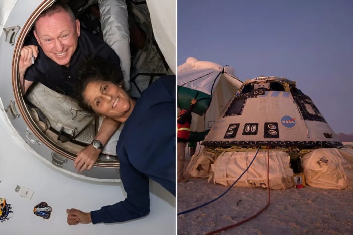 Collage de los astronautas Butch Wilmore y Suni Williams en la ISS junto a la nave Boeing Starliner tras su aterrizaje en White Sands