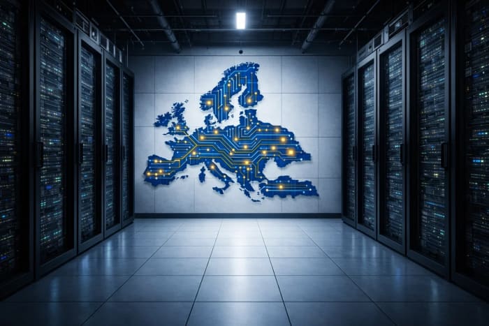 Centro de datos con mapa de Europa iluminado por circuitos digitales