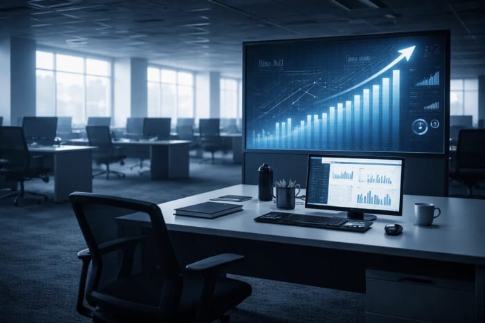 Oficina vacía con gráficos económicos en aumento