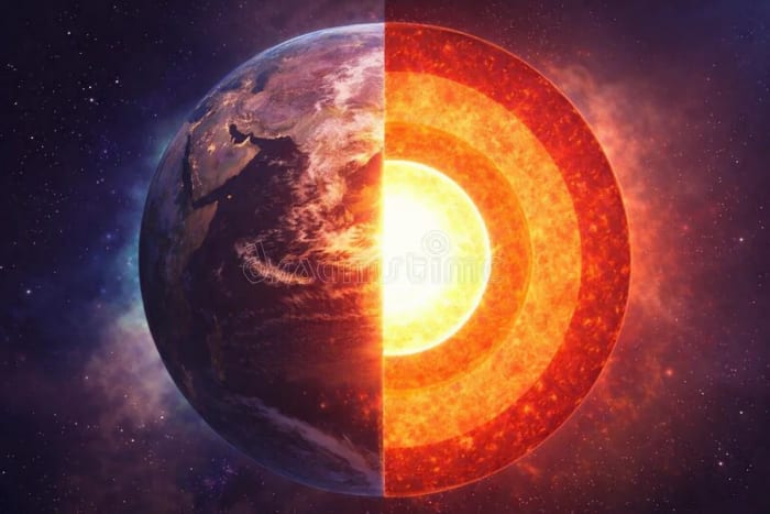 Ilustración en corte de la Tierra mostrando sus capas internas, desde la corteza hasta el núcleo