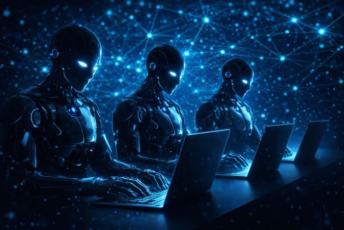 Tres robots humanoides usando portátiles en una red digital azul