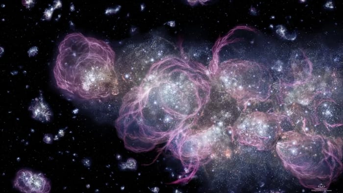 Representación del universo temprano durante la formación de las primeras estrellas