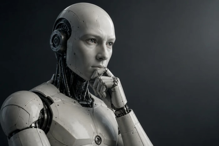 Robot humanoide en pose pensativa sobre fondo oscuro tecnológico.