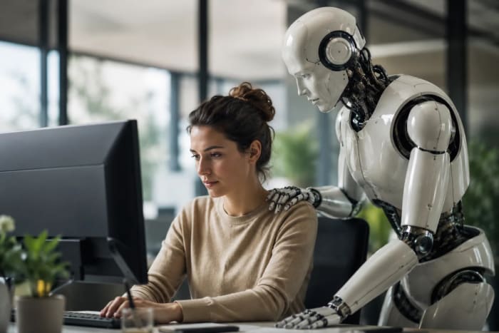 Mujer trabajando frente a un ordenador junto a un robot humanoide en una oficina moderna.