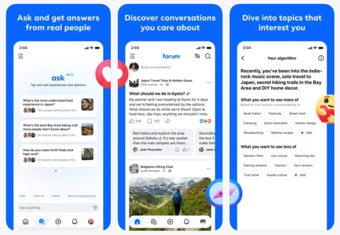 Capturas de la app Forum de Meta en teléfonos móviles