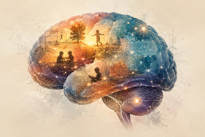 Ilustración artística del cerebro y las experiencias que moldean su desarrollo