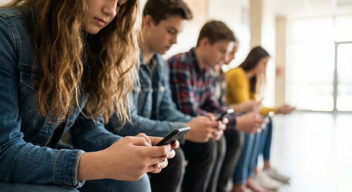 Adolescentes consultan sus teléfonos móviles en un entorno educativo