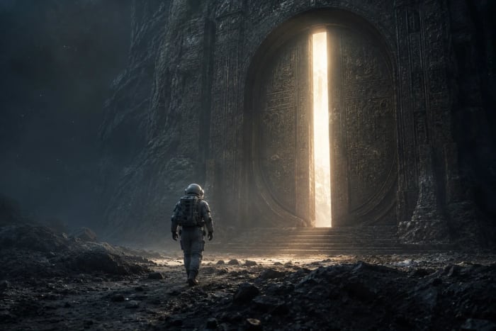 Astronauta frente a una puerta luminosa en un mundo desconocido.
