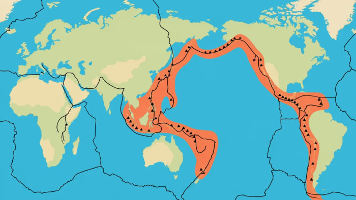Mapa del Anillo de Fuego del Pacífico y placas tectónicas